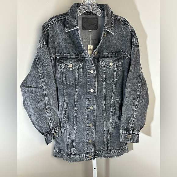 American Eagle Women's Oversized XS Black Acid Dark Wash Long Denim Jacket - Picture 3 of 9